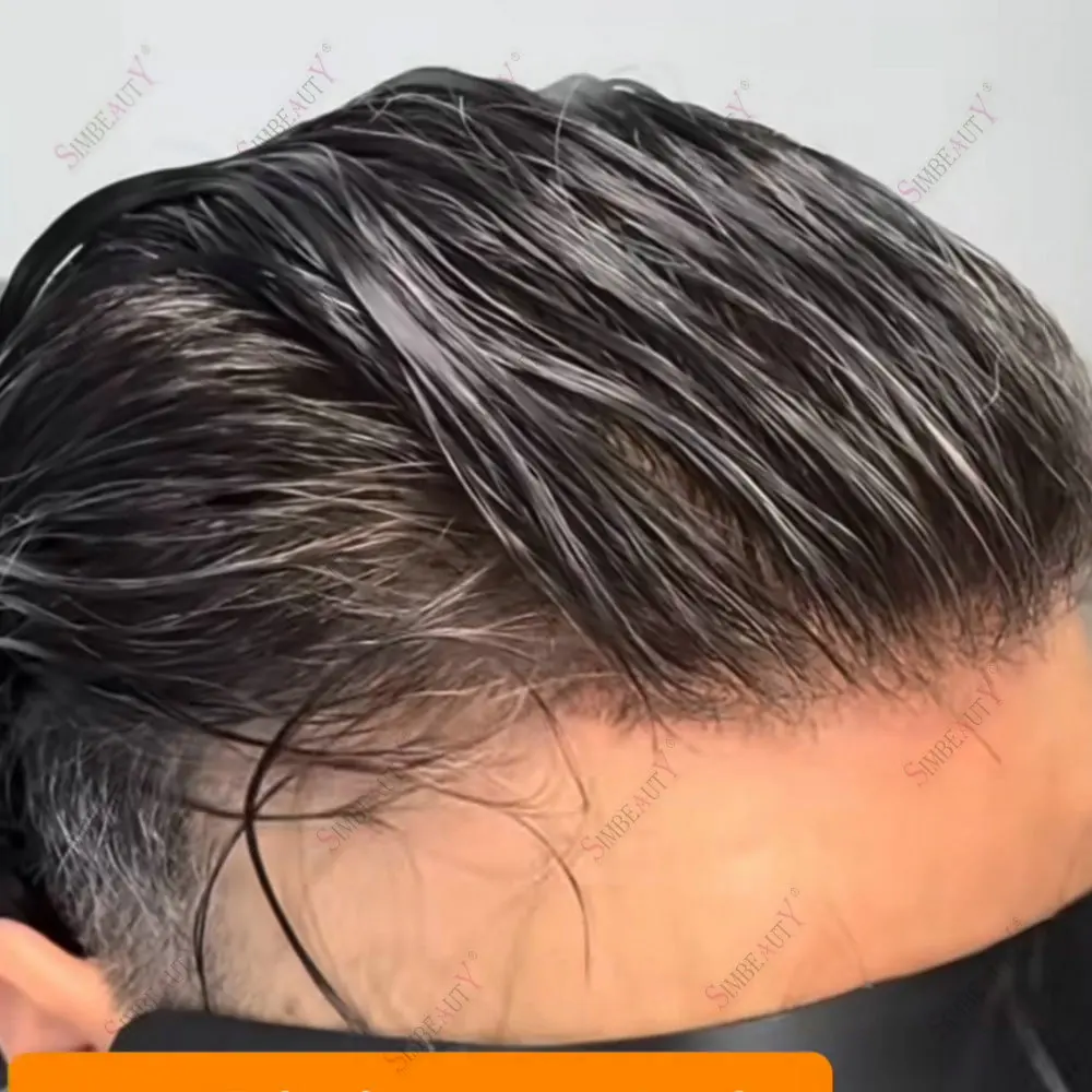 Grey 1B65 Black Man Hair Prosthesis Remy Human Hair Men's Wigs Super Durable Thin 0.1mm Ploy PU Base Natural Hairline Men Toupee
