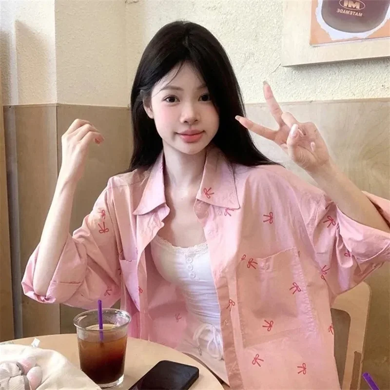 

Корейская элитная женская рубашка с длинными рукавами, верхняя одежда, женский кардиган 2021, блузка, куртка, осенняя женская мода, топы с бантом и принтом, пальто