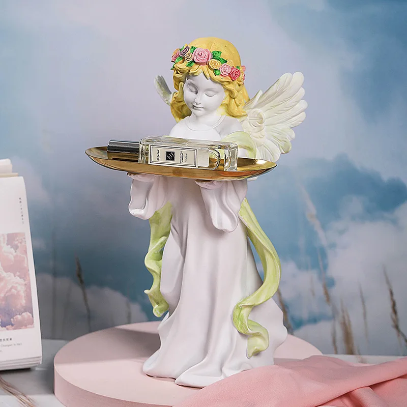 Angel Statue Butler and Storage Tray for Placing Pieces Nordic Prayer Maiden Angel Ornament Decorative Sculpture Craft Gifts