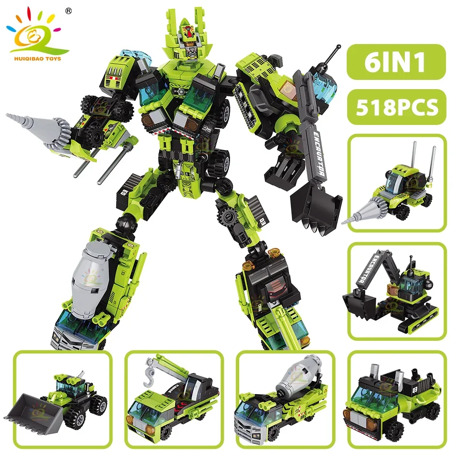 HUIQIBAO 6IN1 Engineering Transformation Robot Building Blocks Excavator Bulldozer Car Bricks City Construction Toy For Children