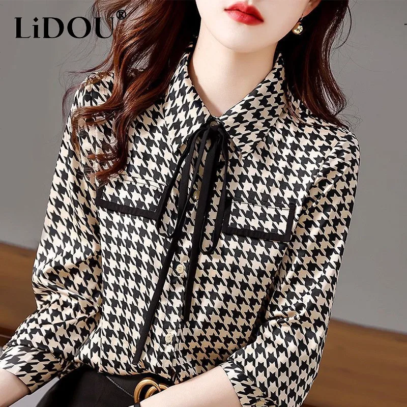 Spring Autumn Elegant Fashion Houndstooth Print Lace Up Shirt Ladies Long Sleeve Temperament All-match Blouse Femme Cardigan Top