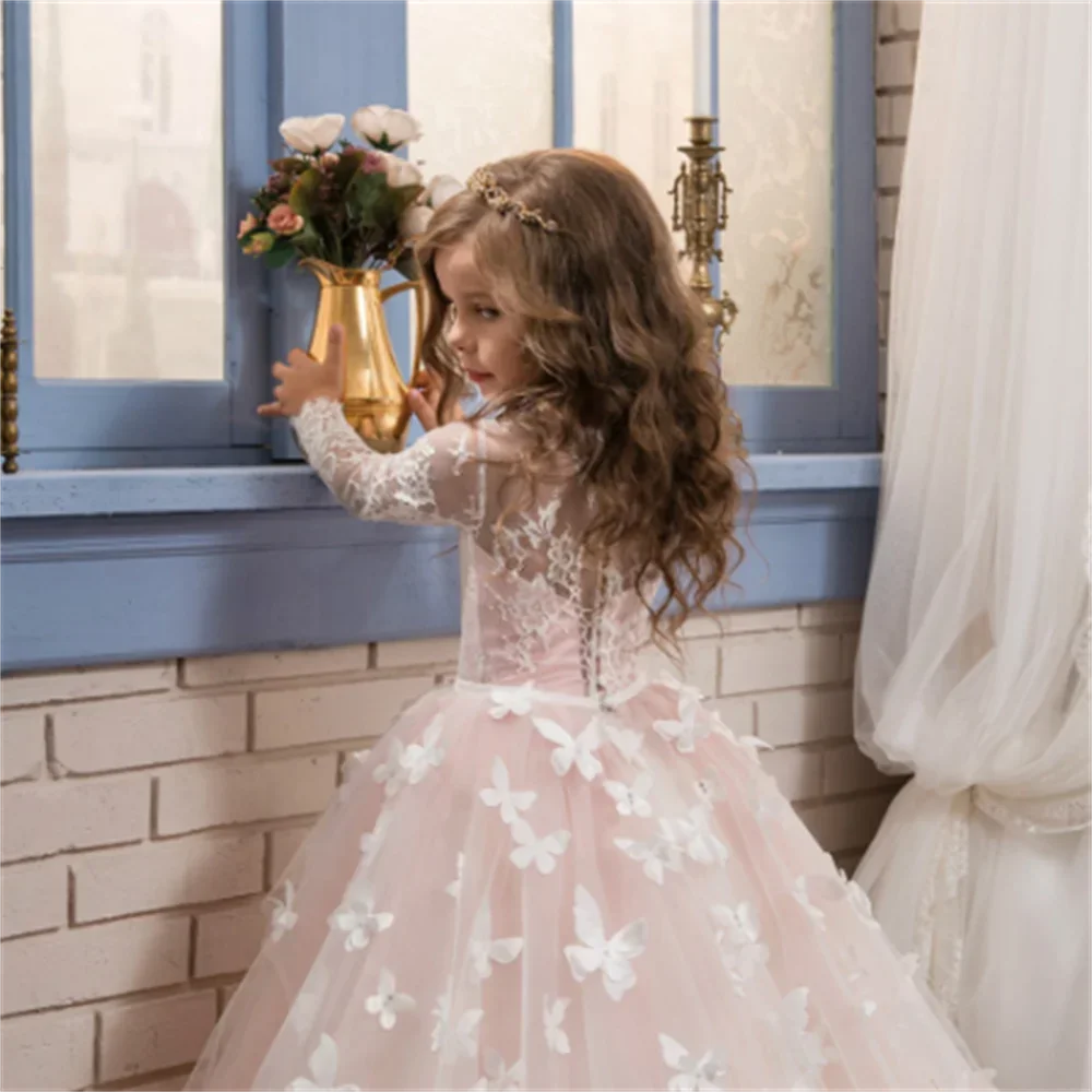 Ball Gown Flower Girl Dresses 2024for Wedding Butterfly Princess Tutu Lace Appliqued Lace Up Vintage Girl First Communion Dress