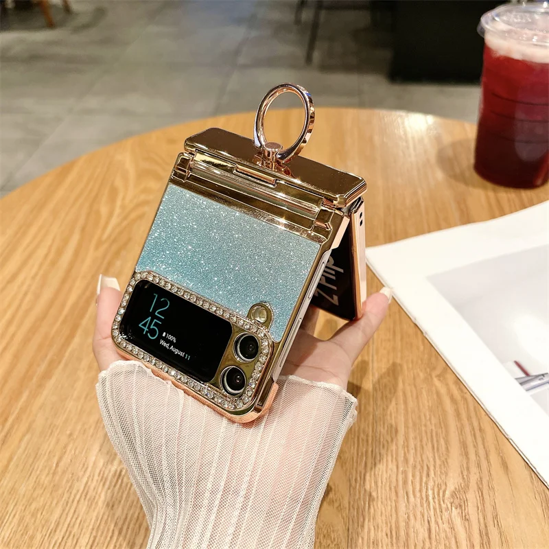 بريق حلقة حامل حامل حافظة لهاتف سامسونج جالاكسي Z فليب 3 4 5 6 Z فليب فليب 5 6 5 جرام قوس بلينغ الماس التدرج تصفيح غطاء #5