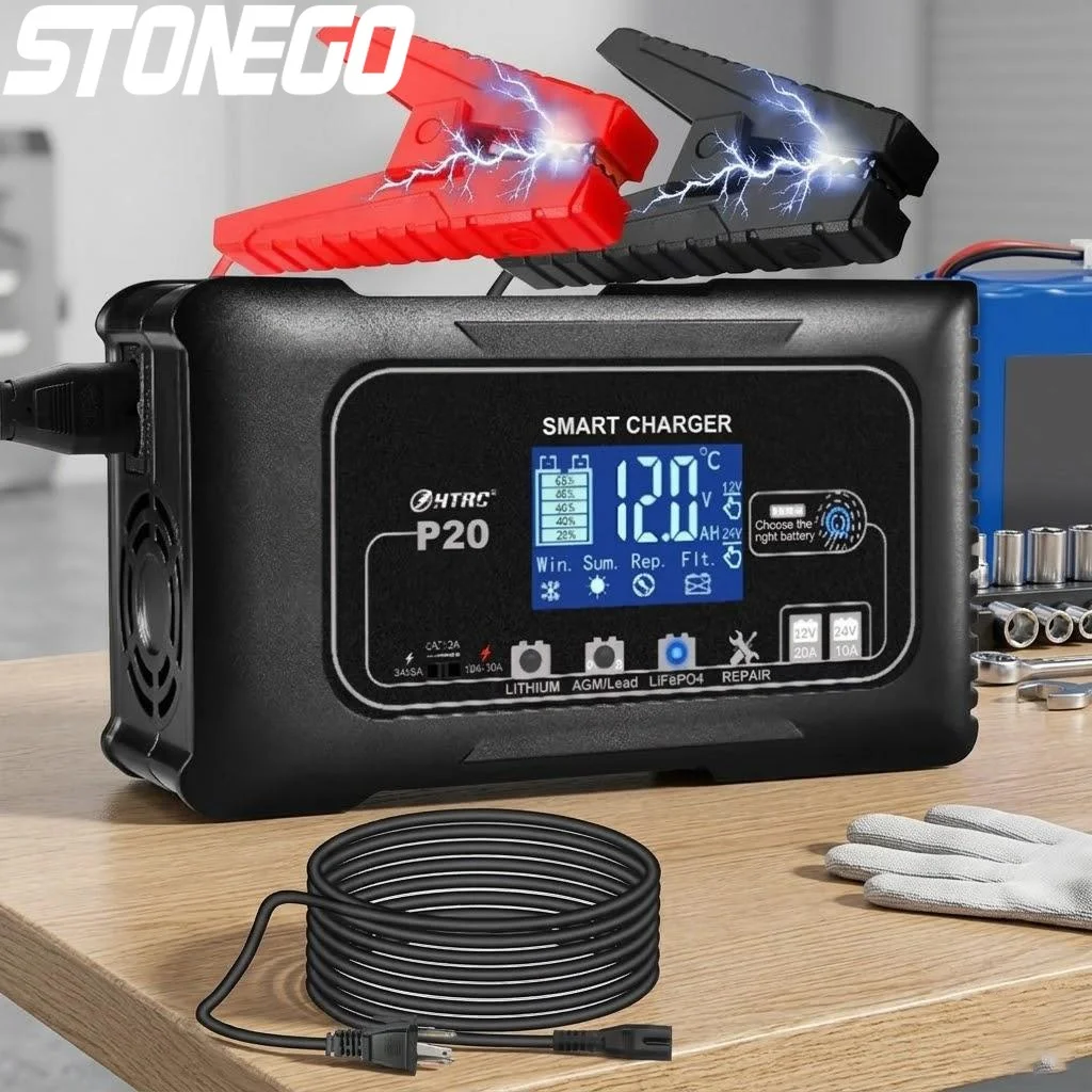 

Зарядное устройство 20А с ЖК-дисплеем для 12В/24В аккумуляторов ATV, мотоциклов, свинцово-кислотных, AGM, гелевых, литиевых батарей, импульсное восстановительное зарядное устройство