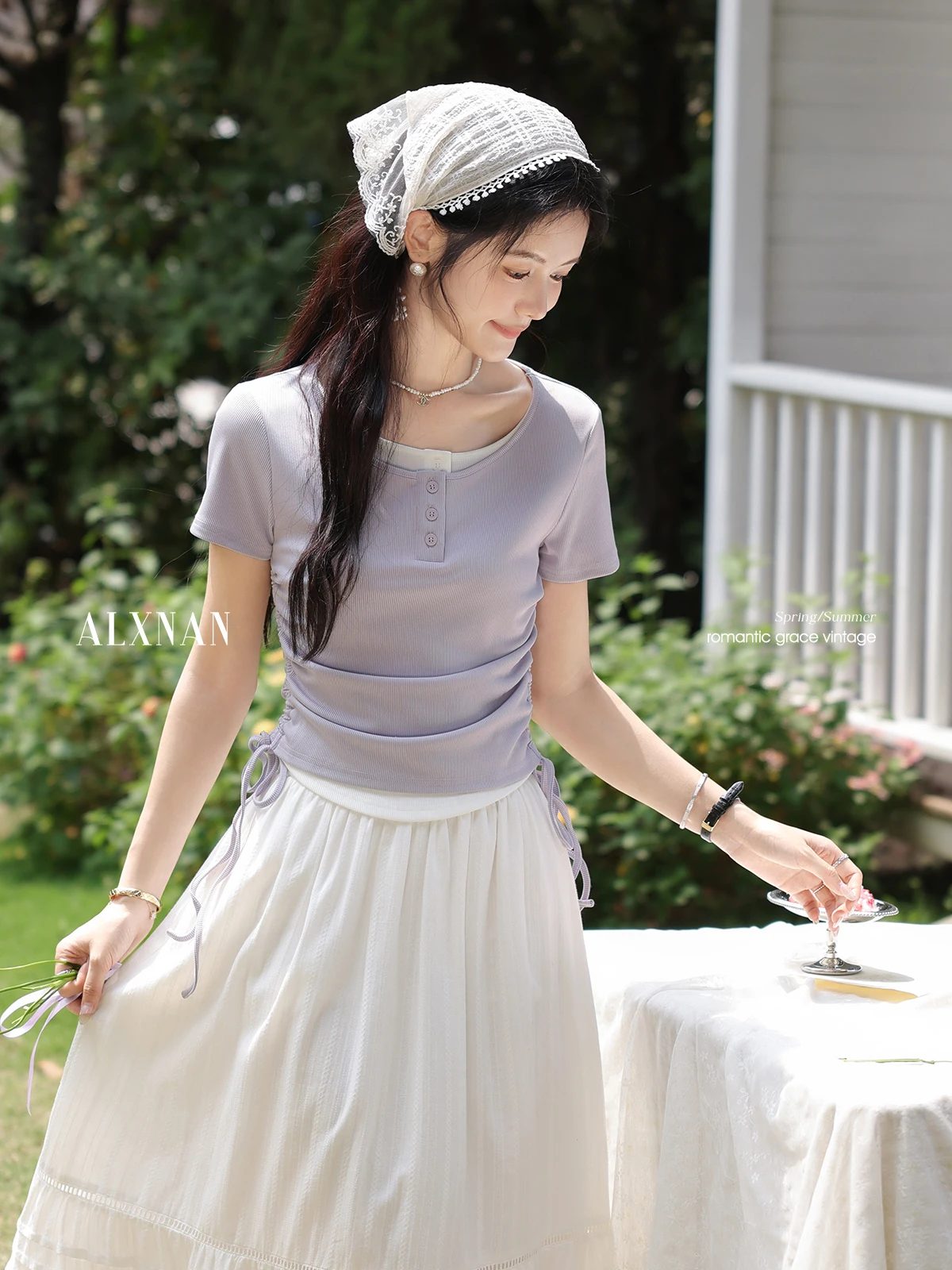ALXNAN Plus Size Women's T-shirt Purple Elegant Short Sleeve T-shirt 2025 Summer Round Neck Drawstring Waist Tops Ladies D10588
