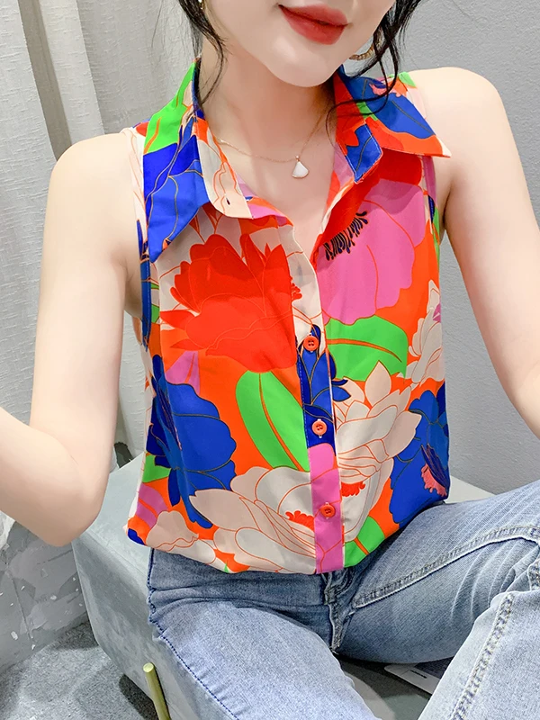Coleção Verão 2025: Nova Blusa Feminina Casual com Estampa Floral, Proteção UV e Gola, em Fibra de Poliéster, Caimento Solto