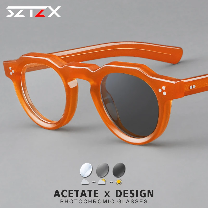 SZTZX Trend Rivet Photochromic Optical Spectacles Frames Ladies Retro Acetate Eyeglass Men Trend Round Prescription Glasses