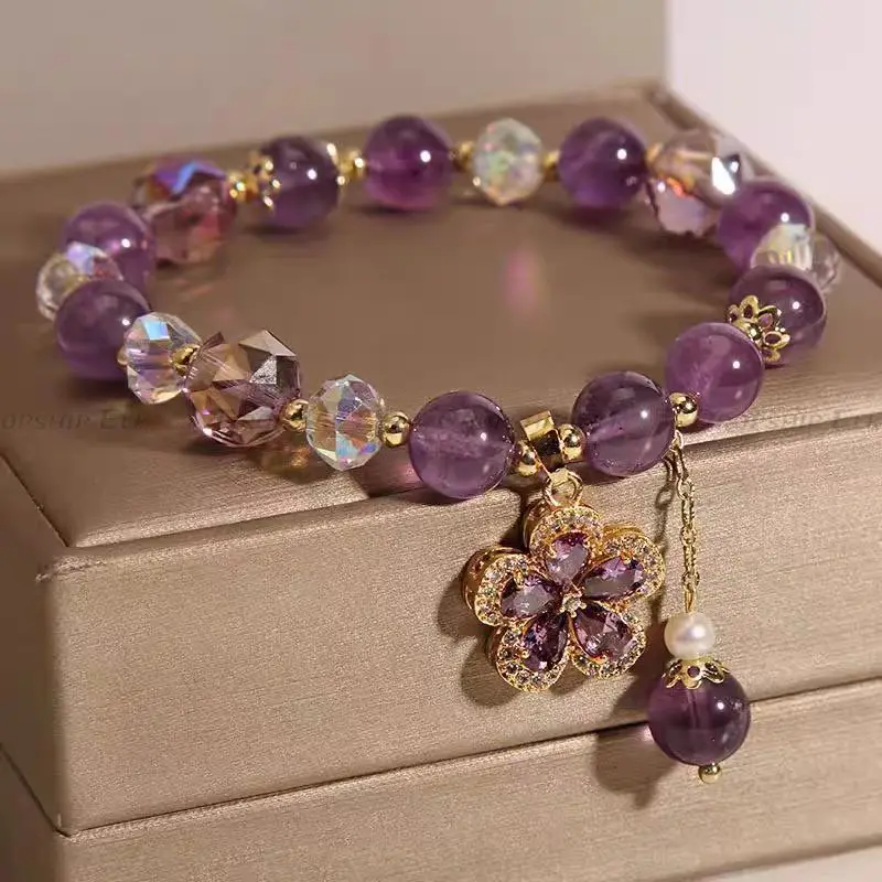 Natural Elegant Amethyst Bracelet Female Luxury Retro Four Leaf Grass Pendant Handstring Bracelet Sisters Chain Jewelry