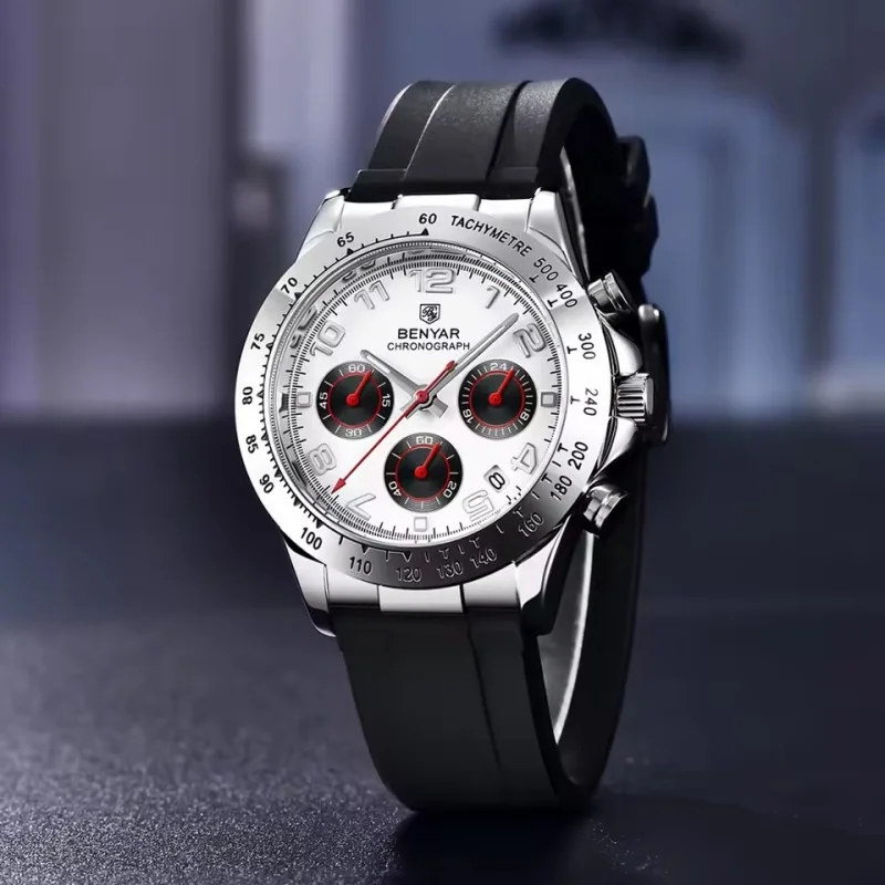 BENYAR 5192 montre à Quartz de luxe décontractée pour hommes lunette en acier bracelet en Silicone étanche multi fonctionnelle veilleuse montre pour hommes cadeau