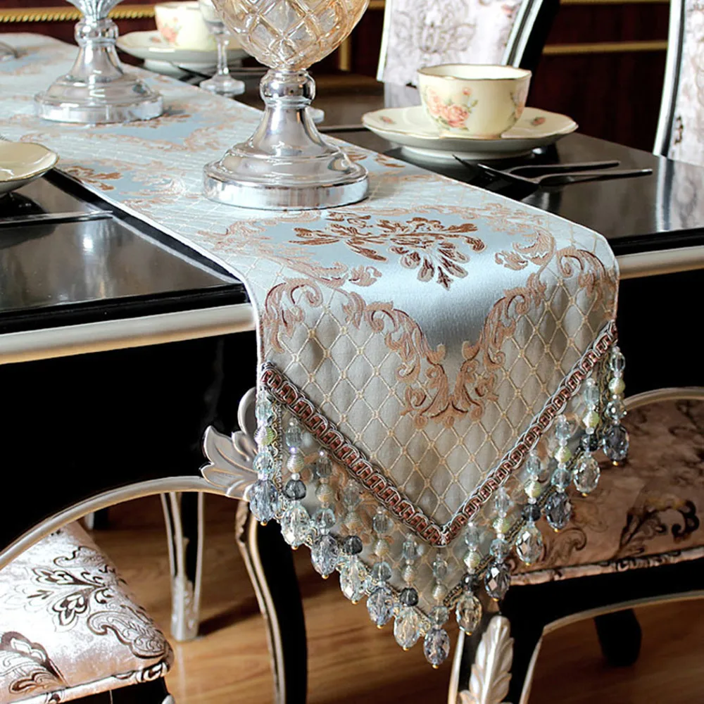 Blue Royal Luxury Jacquard Table Runner European Delicate Tassel Pendant Tablecloth Table Cover for Wedding Hotel Dinner Party