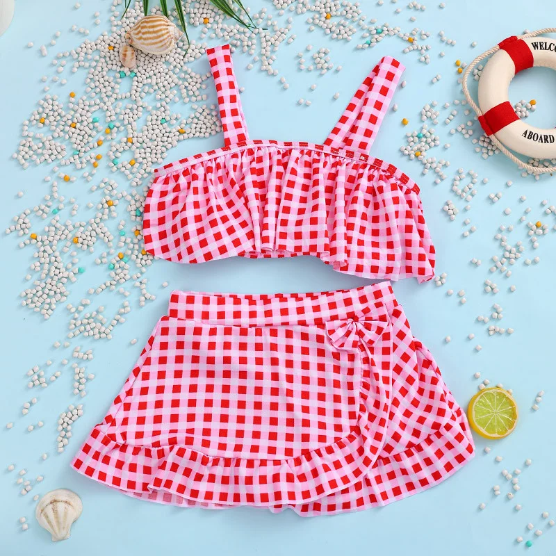 2Pcs Girls Swimwear Sets Summer Children Plaid Swimsuit Suit Kids Sweet Beach Bikini Beachwear New Toddler Casual Clothing