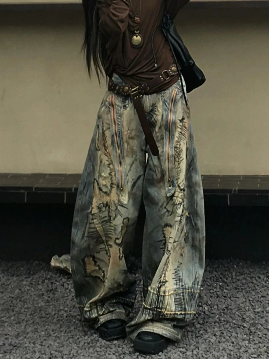

Retro American Distred Knife Denim Jeans Men's Waed High Street Wide Leg Loose Casual Sile Pants