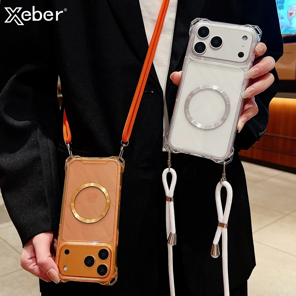 حافظة كروس بودي مضادة للخسارة من النايلون حافظة مغناطيسية شفافة لهاتف آيفون 17 16 برو ماكس 15 14 13 12 11 لغطاء حزام الكتف Magsafe