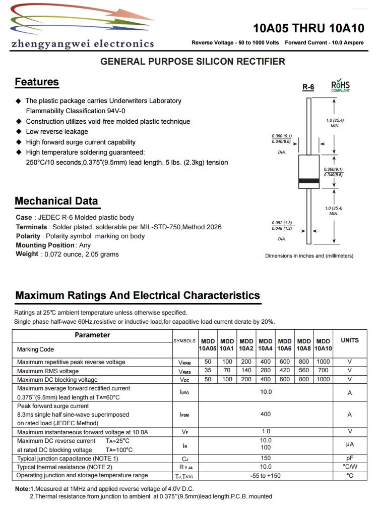 20pcs/lot 6A10 10A10 20A10 30A10 10A20 Rectifier Diode 6A 10A 20A 30A 1000V 2000V R-6