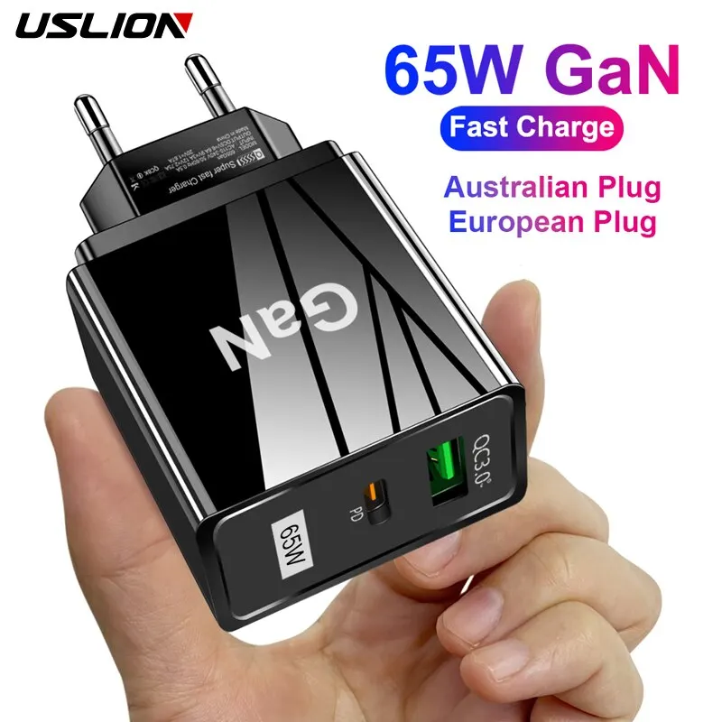 USLION 65W GaN 충전기, EU KR AU 플러그 어댑터, 노트북 고속 충전, 아이폰 USB C 타입, 휴대폰 USB 충전기