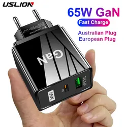 USLION 65W GaN 충전기, EU KR AU 플러그 어댑터, 노트북 고속 충전, 아이폰 USB C 타입, 휴대폰 USB 충전기