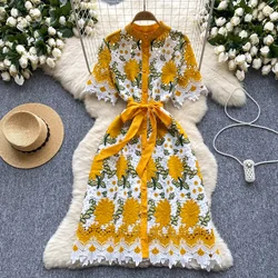 Elegant Sexy cut out embroidery lace print o neck Single Breasted  Dress  Vintage Slim summer pleated sweet A-line dresses