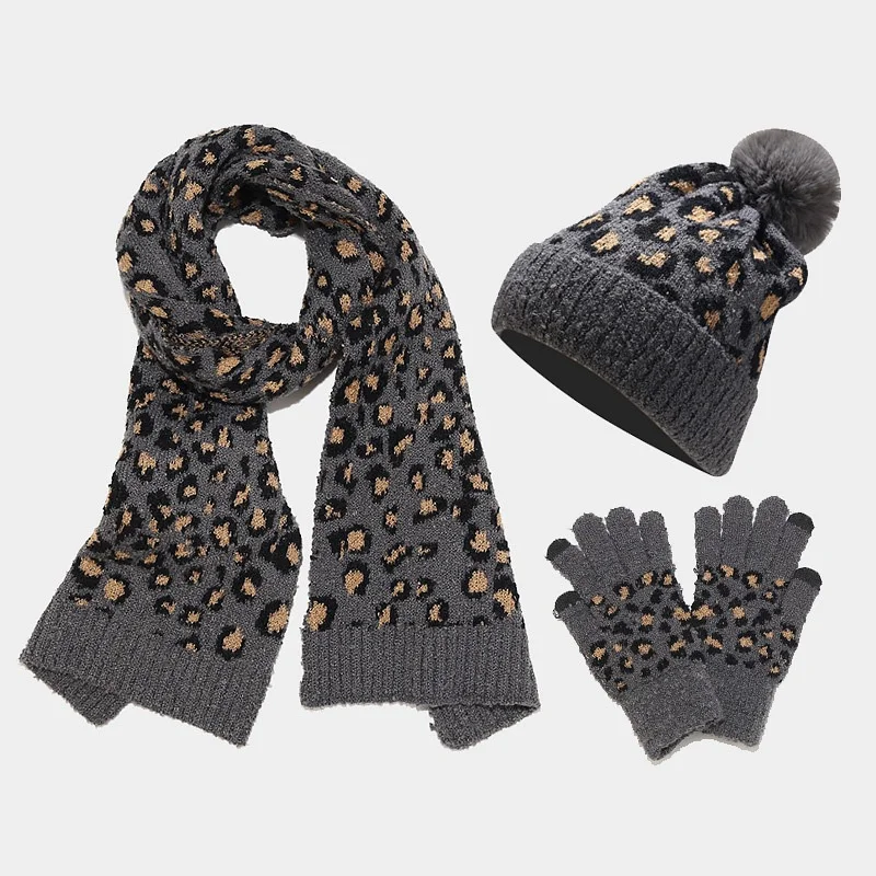 Cappello e sciarpa lavorati a maglia Set 3 pezzi donna stampa leopardata per addensato inverno fiocco di neve caldo cappello guanti sciarpa Set