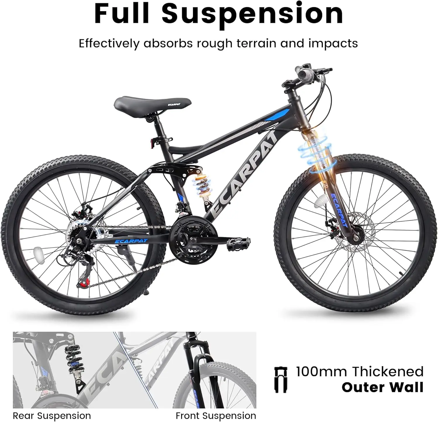 Mountain Bike 24 Inch, Dual Full Suspension Mountain Bike, Christmas New Year Gifts for School/Work, 21-Speed Aluminum/Steel