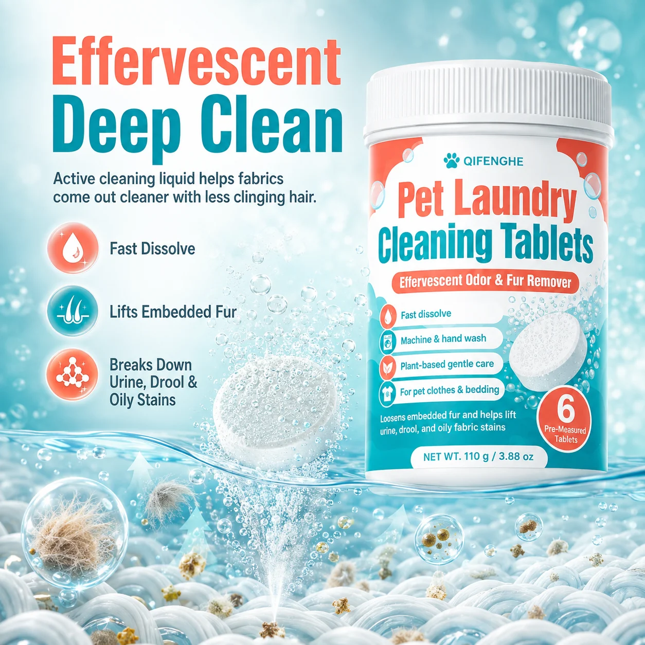 Effervescent Pet Fabric Wash Tablets Plant Based Gentle Low Residue Formula