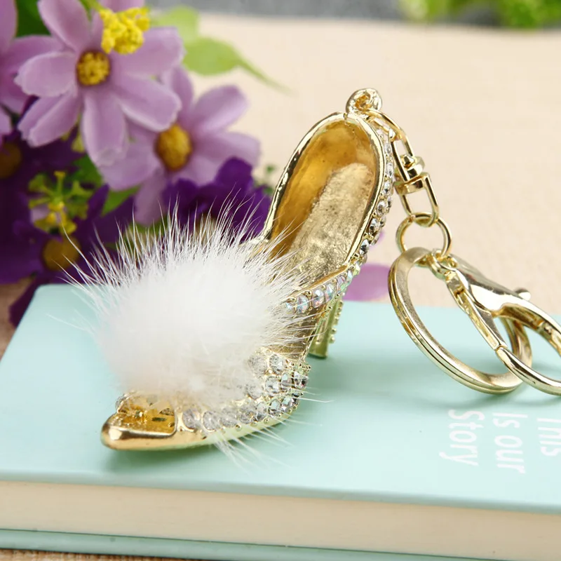 Fashion KeyChains Crystal Rhinestone Hairball Decoration Shoes Key Chains Rings Holder Purse Bag Buckle Pendant