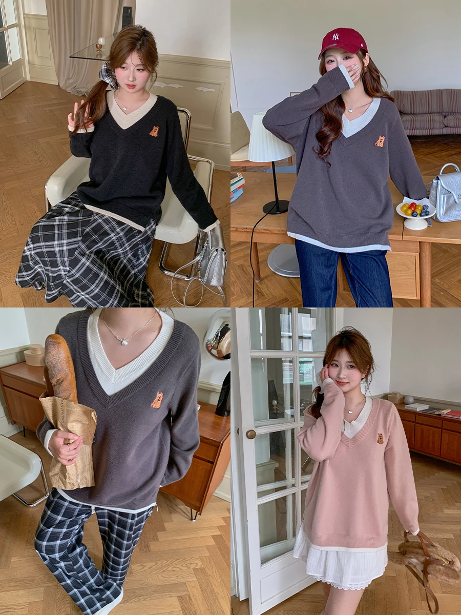 

Свитер Maixi для полных женщин, вязаный, свободный, удлиненный, с цветными вставками, осенний, повседневный, с V-образным вырезом