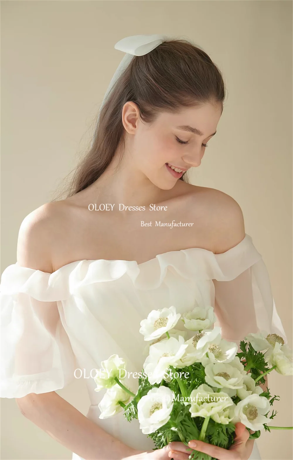 OLOEY Elegant Ivory Off Shoulder Wedding Dress Korea Photoshoot Silky Organza Bridal Gown Floor Length Ruffles Corset Custom Mad