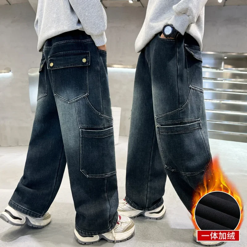 

2024, флисовые джинсовые брюки-карго для мальчиков, красивые осенне-зимние теплые плотные прямые мешковатые широкие брюки для мальчиков-подростков для мальчиков