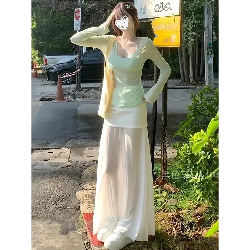 

U Neck Sheer Sun Protection Long Sleeve Top Irregular Maxi Skirt Two Piece Outfit Women Casual Set
