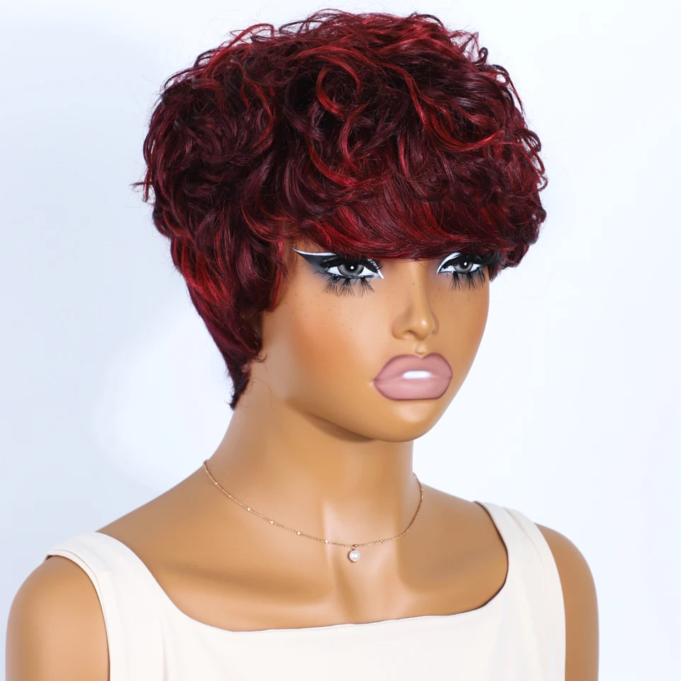 Lekker Highlight Red 99J Short Pixie Cut Bob 100% Human Hair Wigs For Women Brazilian Remy Hair Colored Full Machine Made Wigs