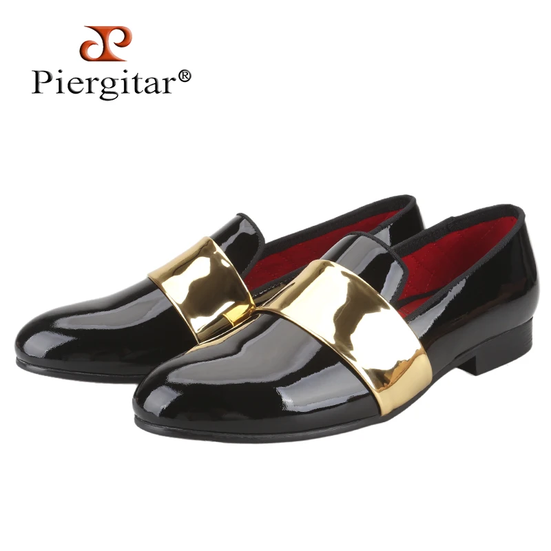 

Piergitar Black Patent Leather Slip-On Loafers With Gold Stripe For Party Famous Brand Same Classic Style Men's Casual Shoes