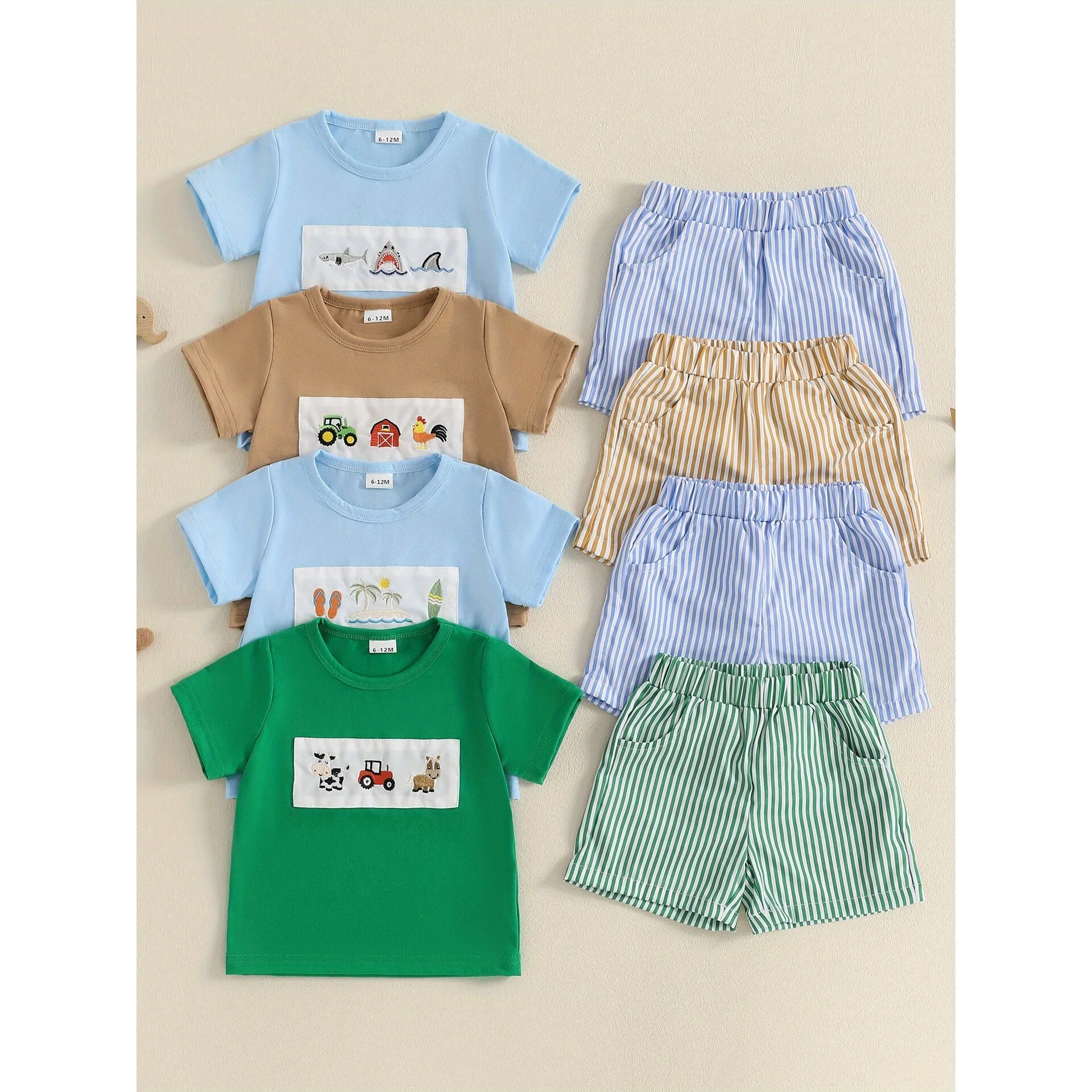 刺繍ストライプベビーセット子供服カスタムデザインサービスキッズアンサンブル加工・製造