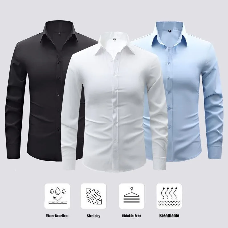 Men's Classic Long Sleeve Button-Down Shirt Comfortable Polyester Fiber Short Sleeve Pure Color Waist-Cinching Detail