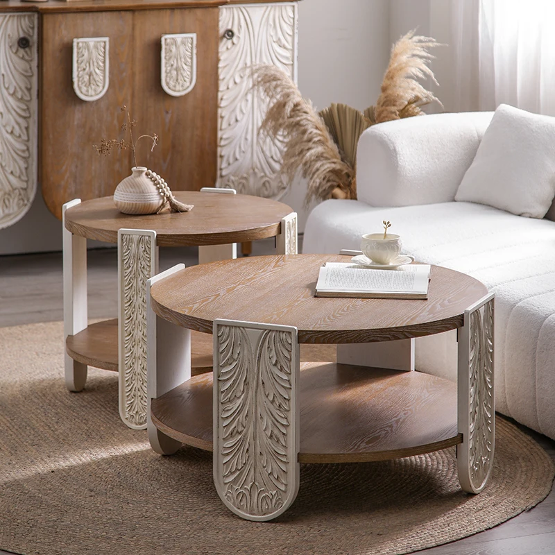 

Bauhaus style small apartment living room Moroccan retro carved tea table, bed and breakfast balcony decoration small side