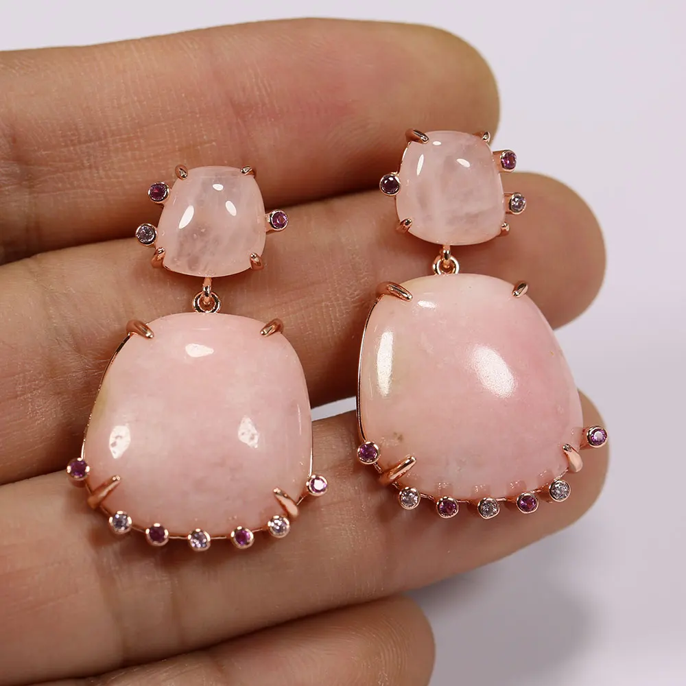 

GG Natural Pink Rose Quartz Dangle Crystal Paved Earrings Lady Jewelry Gifts