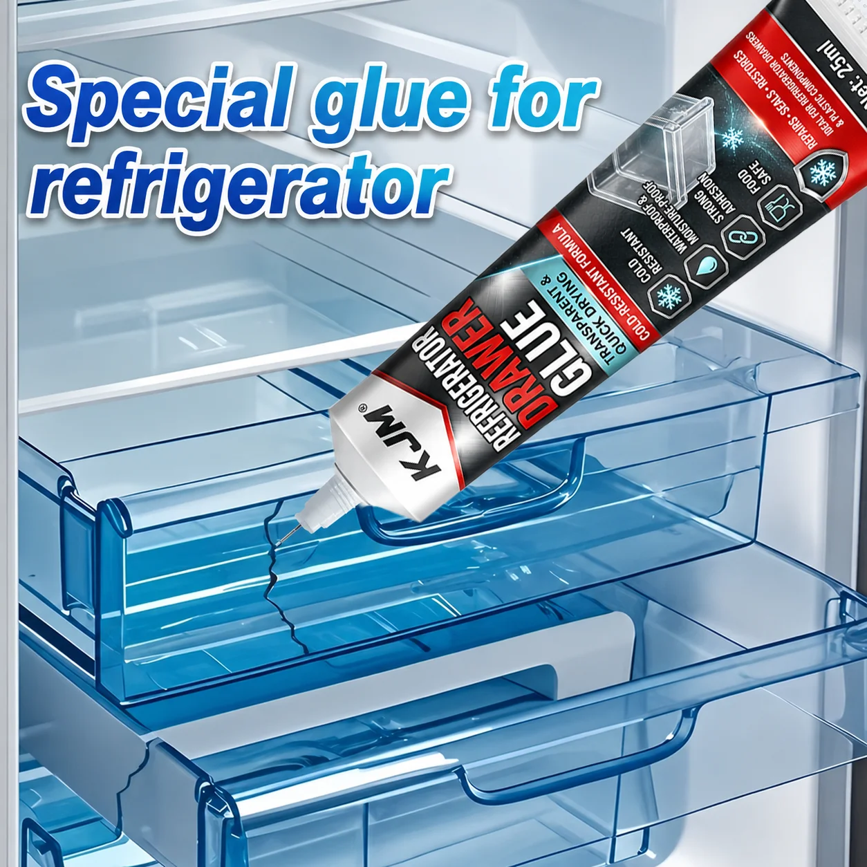 KJM Refrigerator Plastic Repair Adhesive Clear Fast Setting Glue For Freezer Drawer Shelf Crack Cold Proof Strong Bond