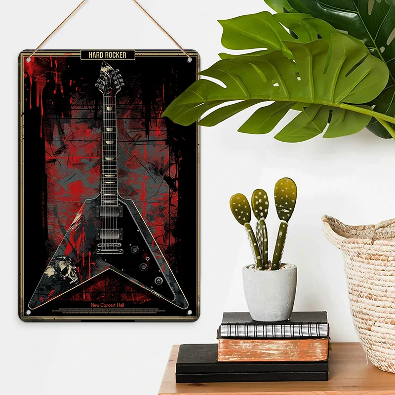 Hard Rock Style Electric Guitar and Building Pattern Metal Iron Sign, , Vintage Dark Gothic, Full of Art Sense, Suitable for Hom
