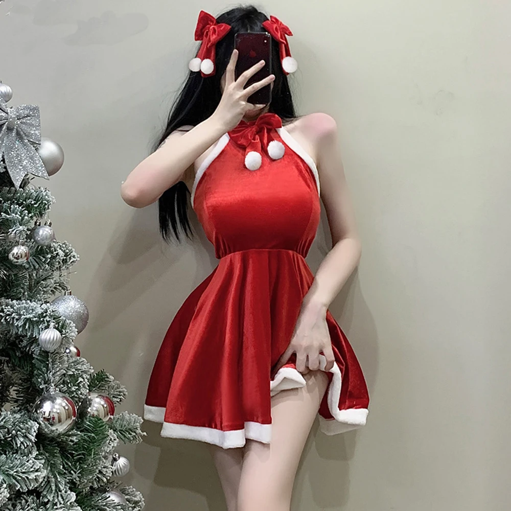 Sweet Princess Women Christmas Halter Velvet Dress with Shawl Winter Plush Cosplay Maid Outfit Anime Lolita Halloween Costume