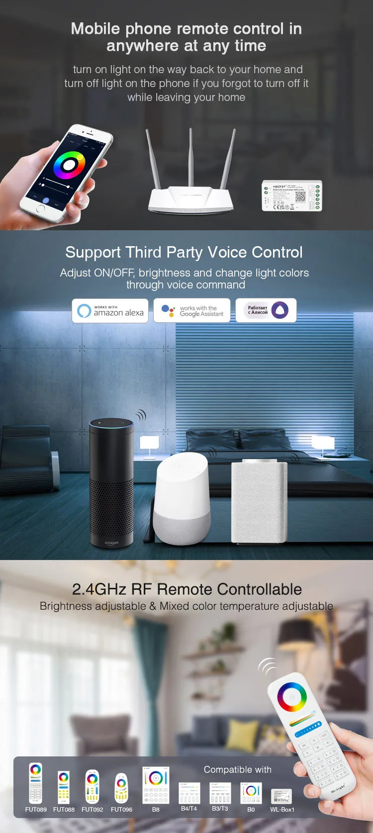 Milight WIFI Tuya Alexa Google Home Voice Smart Control WL5 FUT035W-039W RF 2.4G 5 IN 1 Remote For Single CCT RGB RGBW LED Strip