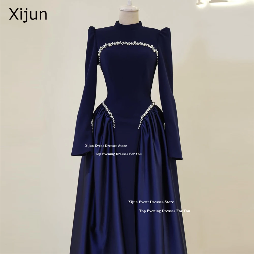 

Xijun Luxury Velvet Long Evening Dresses Beads Full Sleeves A-Line Muslim Prom Dresses HIgh Collar Dubai Prom Gowns Customized