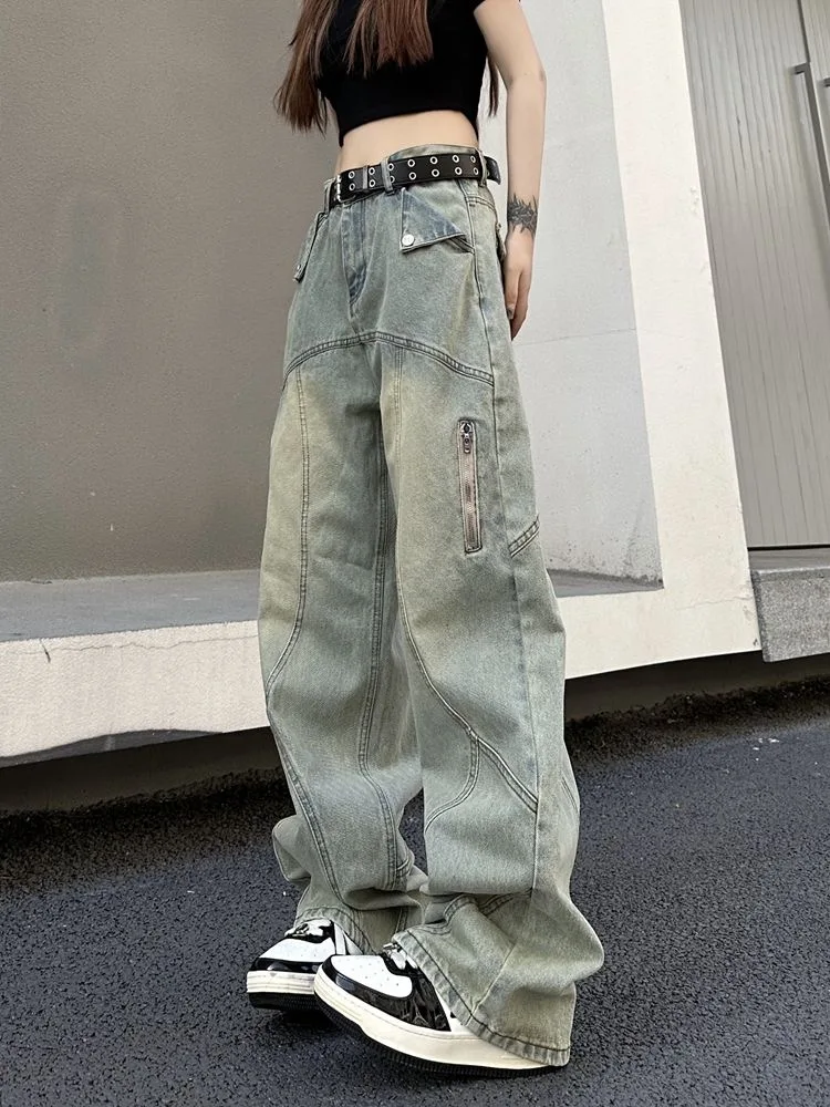 Retro waed americano sle lama tintura jeans feminino solto perna reta design de cintura alta primavera outono inverno uso sazonal