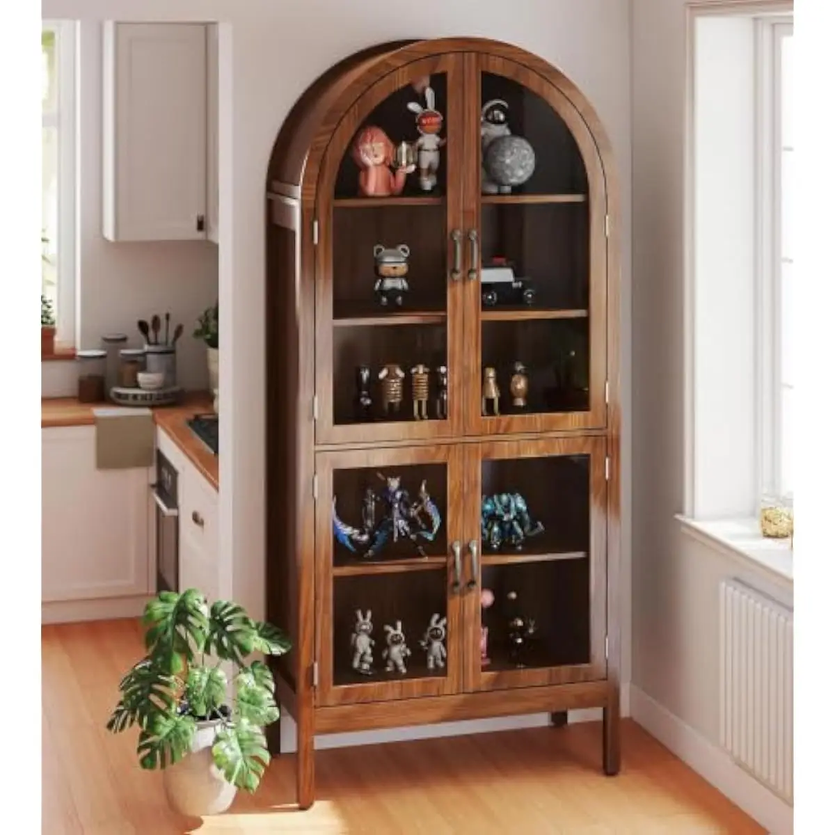 Tall Arched Curio Cabinet with Clear Acrylic Doors and Five Adjustable Shelves for Books Collectibles Dishes Storage in Walnut F