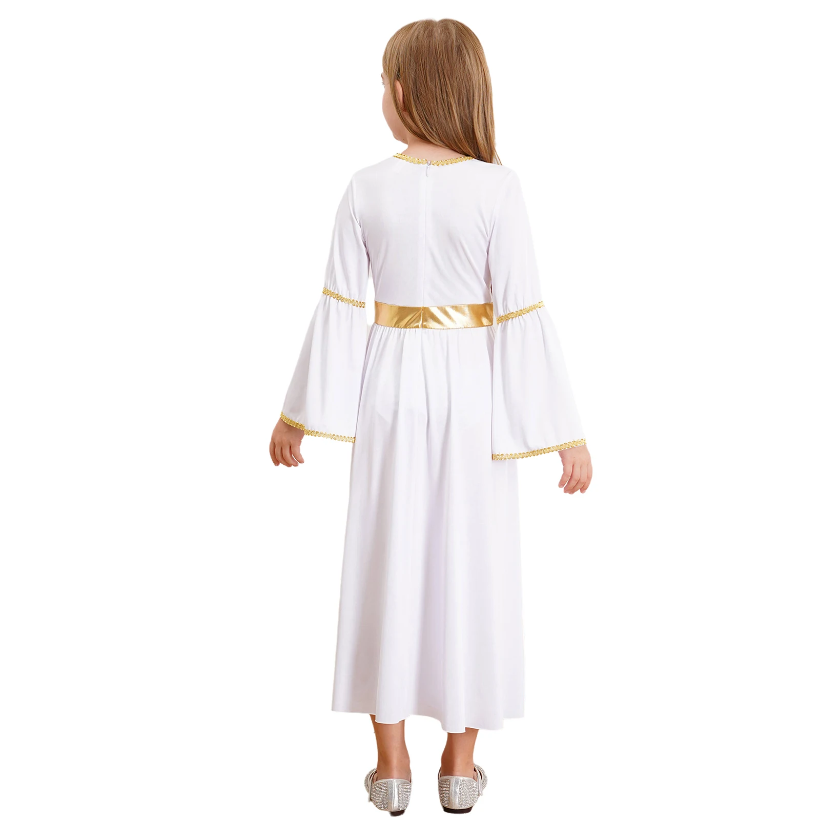 Kids Girl Halloween Carnival Angel Goddesses Cosplay Costume Long Sleeve Gold Trim Princess Dress Church Choir Worship Gown Toga