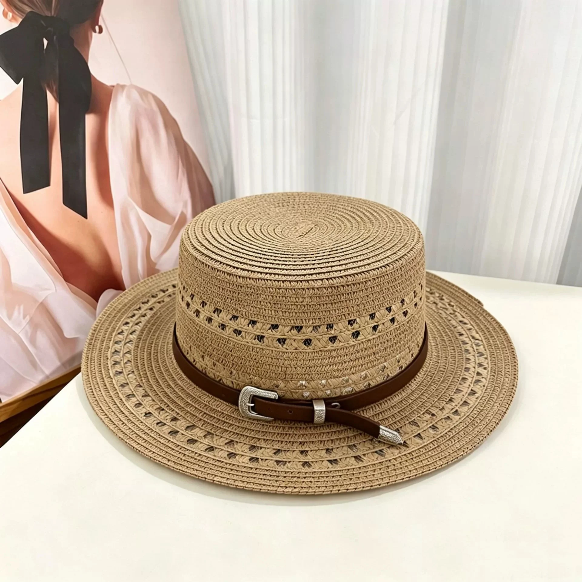 Women's Flat-Topped Straw Hat: Summer Openwork Sun Protection Hat, Handwoven, French Resort Style, Leather Strap, Top Hat