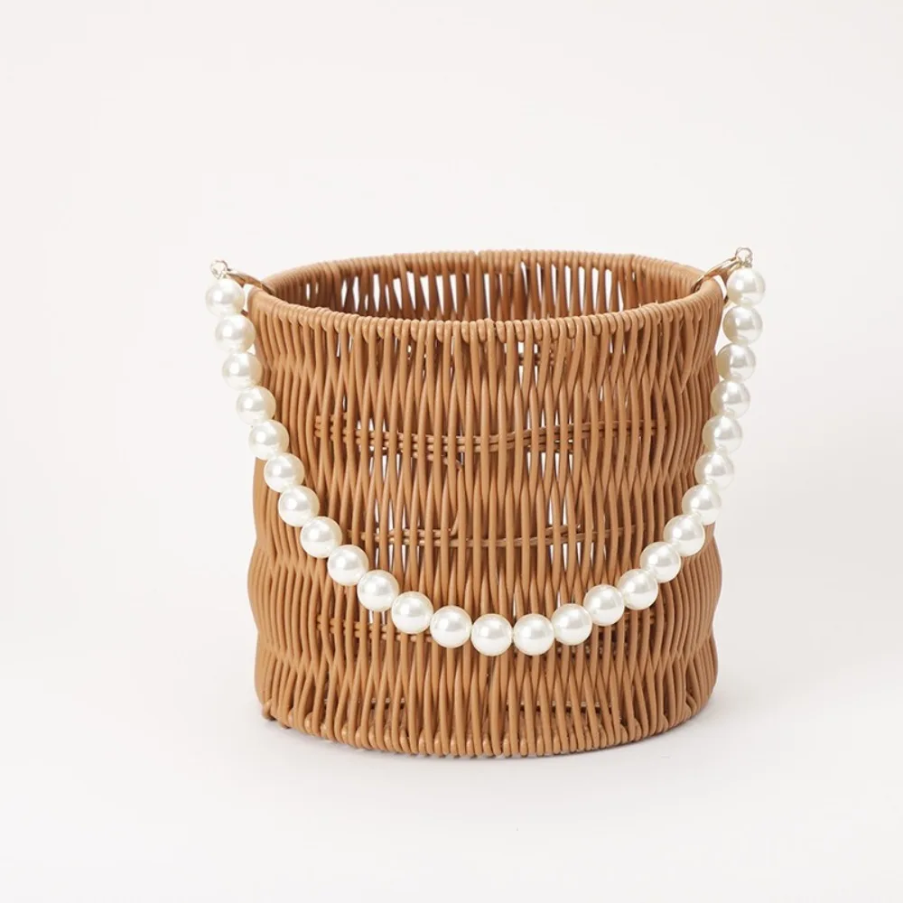 Fashion Pearl Handle Imitation Rattan Basket Versatile Big Capacity Woven Flower Basket Flower Basket Fruit Vegetable