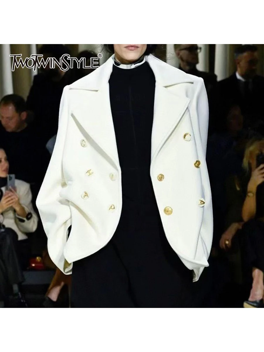 

TWOTWINSTYLE Solid Slimming Spliced Double Breasted Jackets for Women Lapel Long Sleeves Minimalist Jacket Female Fashion New