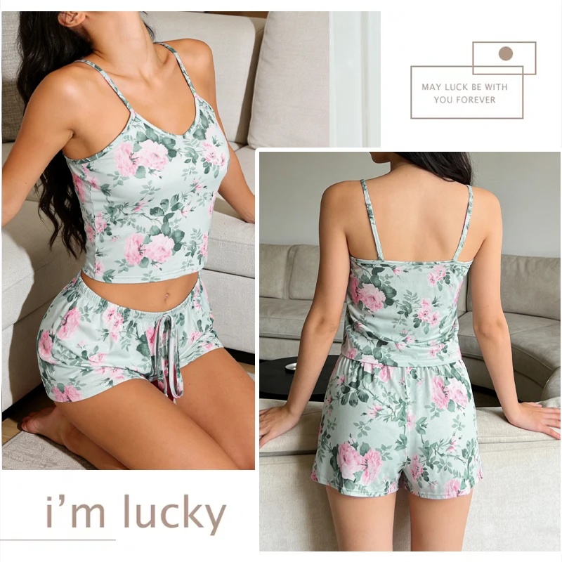 Sommer 2-teiliges Damen-Pyjama-Set mit bedrucktem Cami, ärmellosem Oberteil und Shorts, weiblich, elegant, bequem, Freizeit, elastische Nachtwäsche
