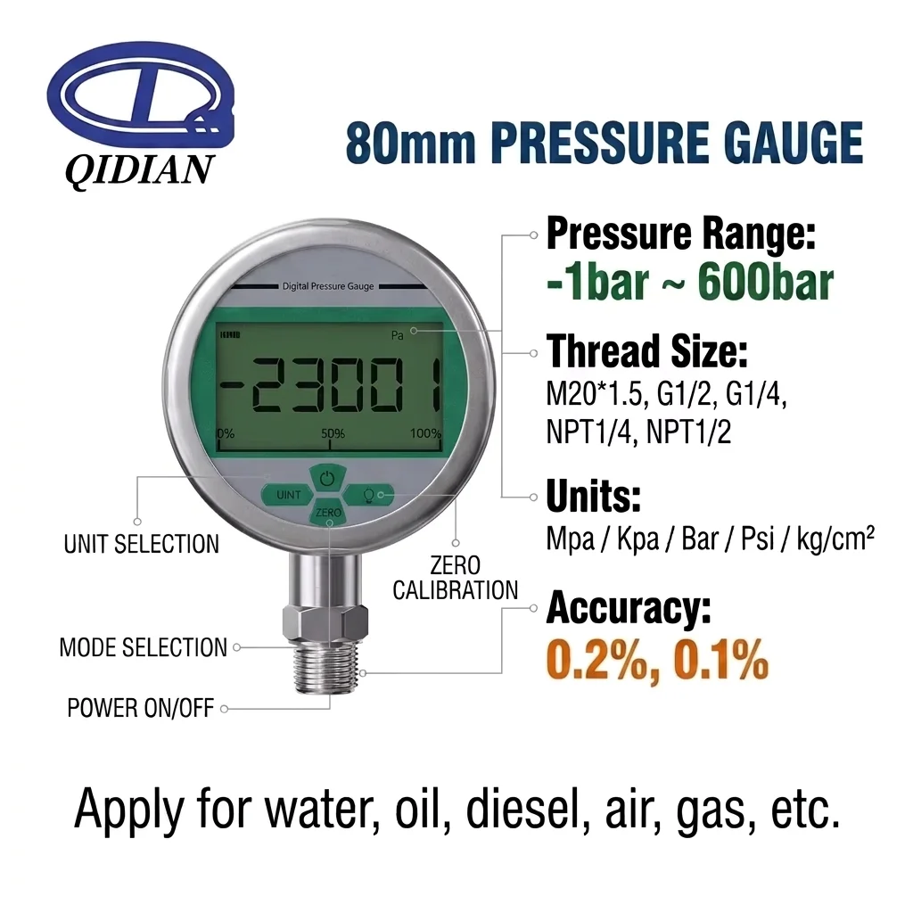 10bar Digital Pressure Manometer -0.1Mpa-0 Digital Pressure Gauge 80mm G1/4 0.2% 600bar Pressure Manometer 100Kpa 600bar