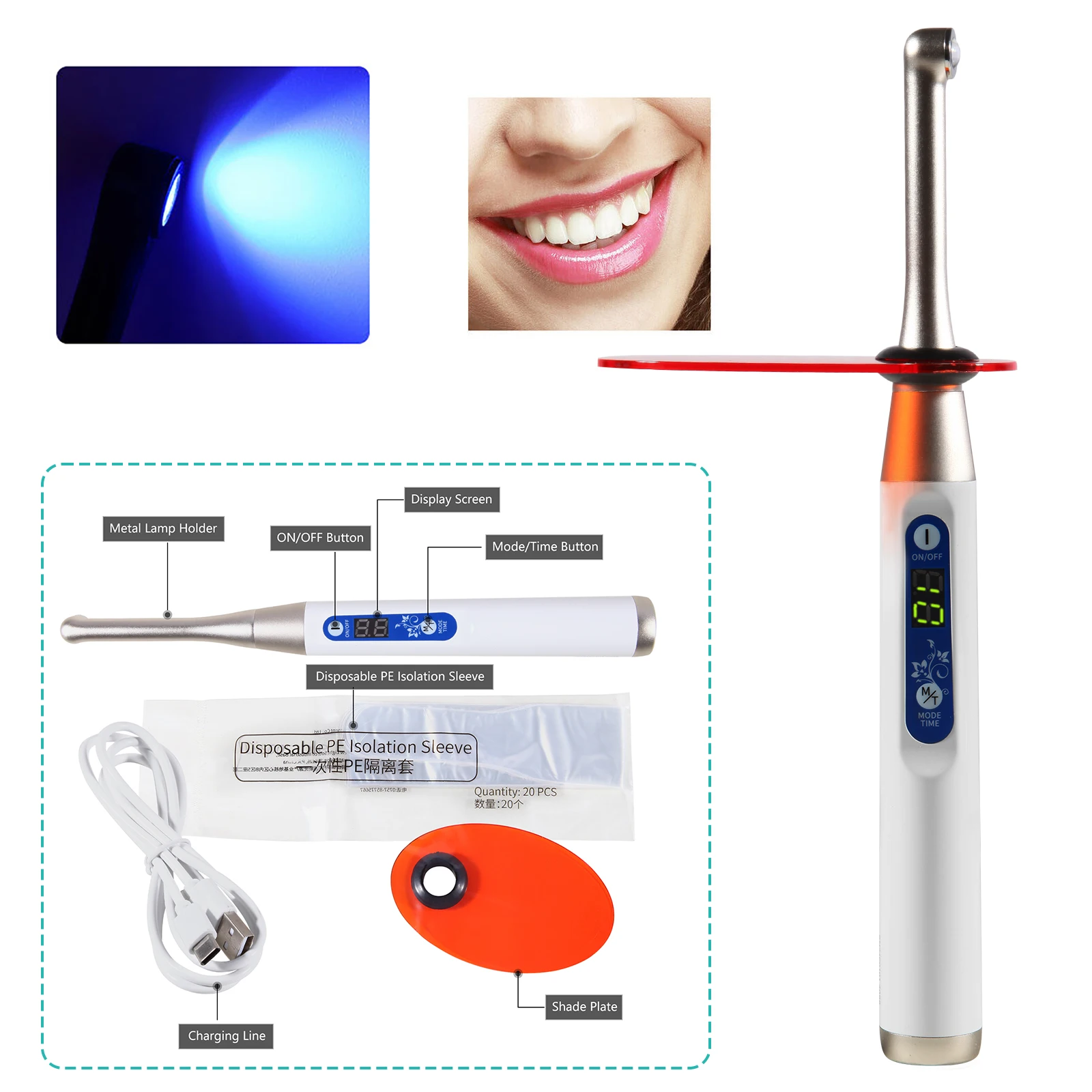 Dental Cordless LED Curing Light 3 Modes 1 Second Cure Light Lamp Metal Head