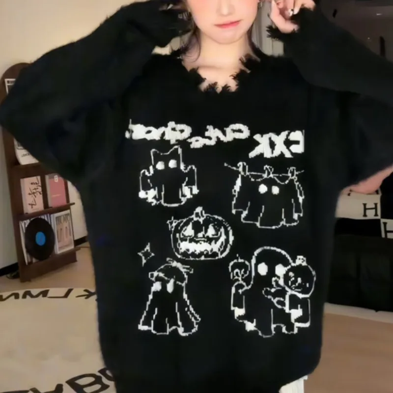 Y2k New Halloween Oversized Sweater Gothic Cute Ghost Streetwear Woman Loose Winter Vintage Knit Long Sleeve Knitwear Tops 2023